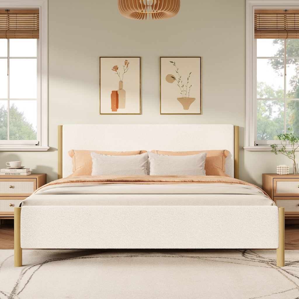 Scandinavian Platform Bed Boucle Bed Queen Size Frame with Upholstered Headboard and Footboard, Rubberwood Legs Bed Frame