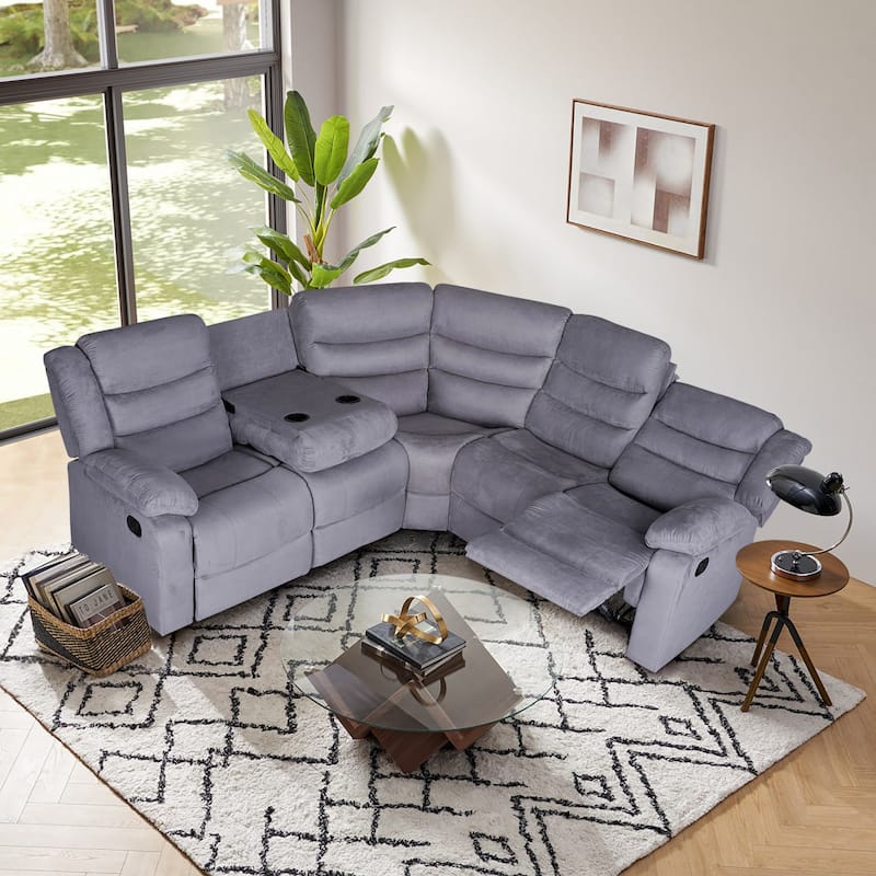 93" Width Polyester/Suede 5-Piece Manual Reclining Sectional Sofa - Grey