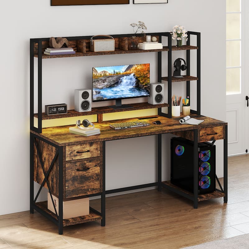 Moasis 59" Computer Desk with Hutch and Shelves, LED Gaming Desk with Monitor Stand - Rustic Brown