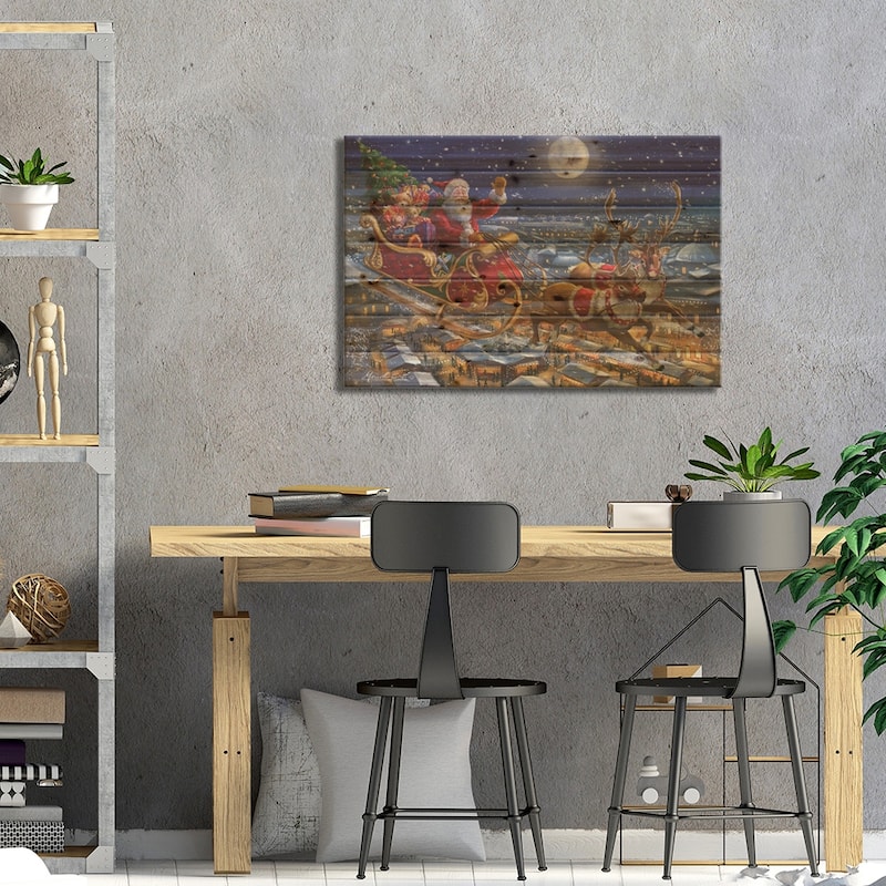 Santa Sleigh And Reindeer In Sky Print On Wood by Marcello Corti - Multi-Color