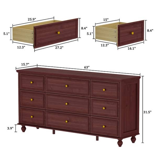 dimension image slide 0 of 5, Timechee 63'' W Dresser White Chest Srorage Cabinet Lacquer Drawers