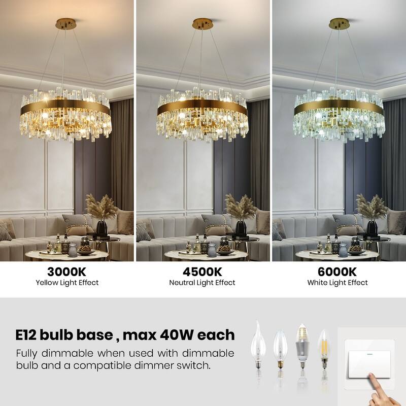 32 in. 2-Tier Modern Crystal Chandelier Brass Gold Round Crystal Raindrop Chandelier Contemporary Pendant Light for Dining Room