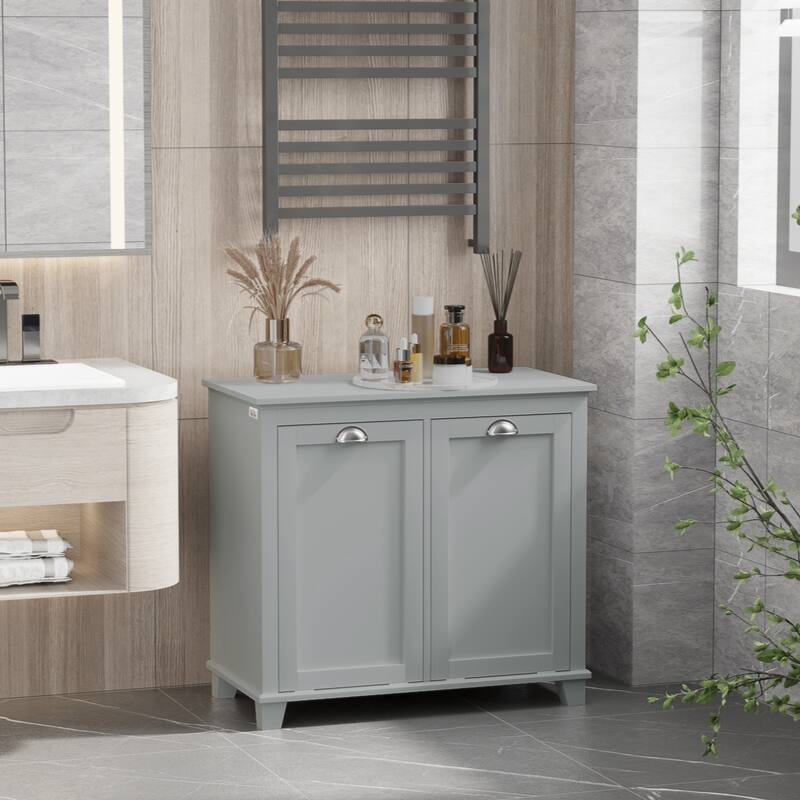 Bathroom Storage Organizer with Two-Compartment Tilt-Out Hamper, Gray - Gray