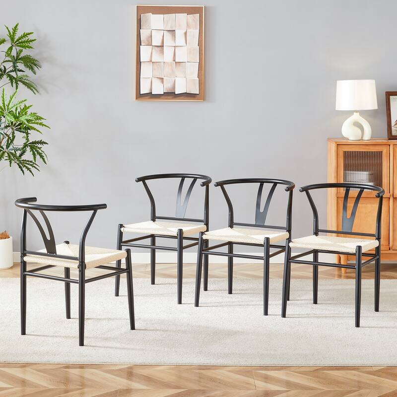 Y-shaped Medieval Style Armchair for Dining Table, Woven Seat (Set of 4)