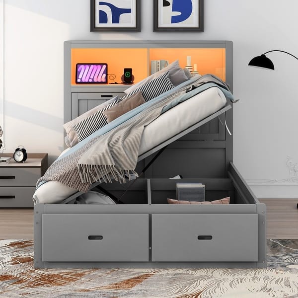 slide 2 of 18, Wood Full Size Platform Bed with LED Headboard, Charging Station and 2 Drawers Subdued Gray