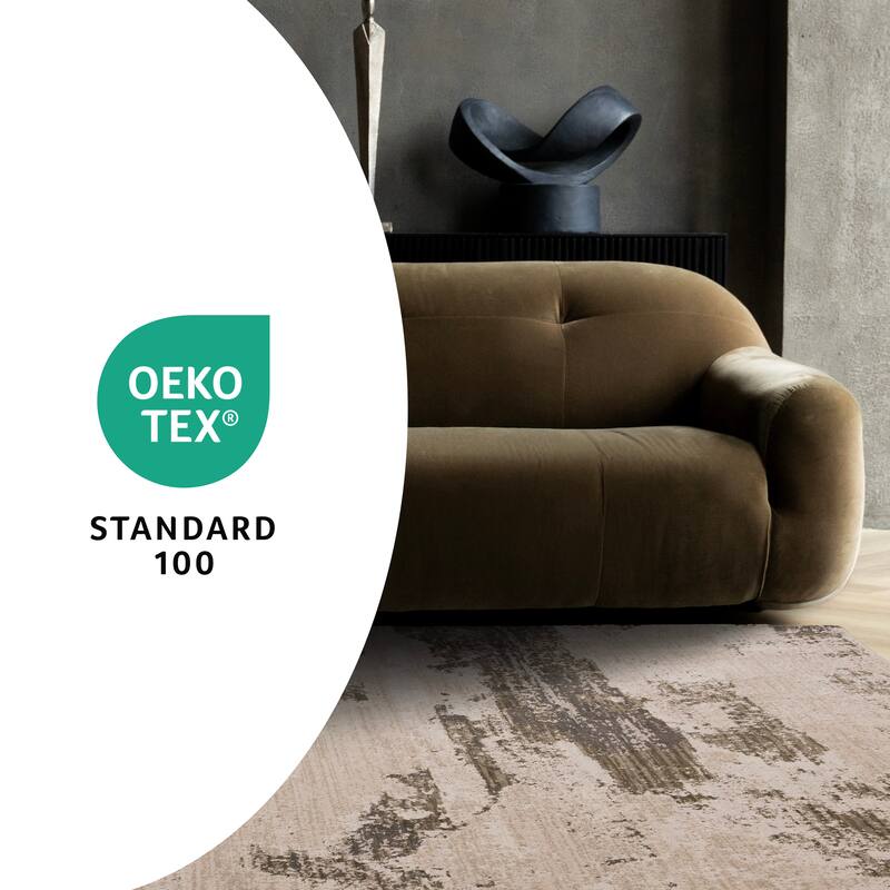 White Green Grey Distressed Textured High-Traffic Rug