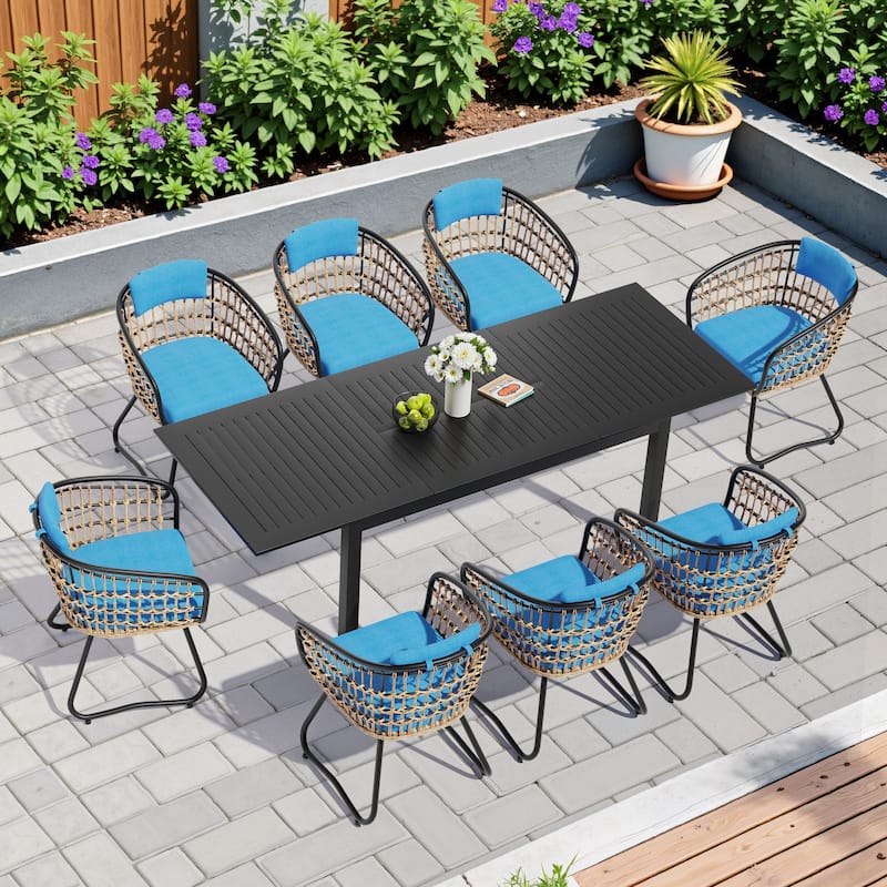 9-Piece Outdoor Dining Set Expandable Aluminum Dining Table Rectangular with PE Rattan Chairs