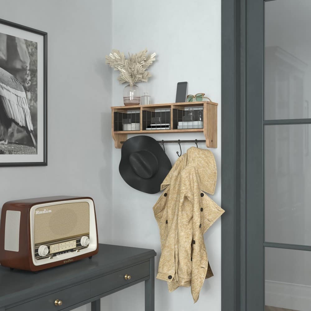 Wall Mounted Storage Rack with Upper Shelf, Wire Baskets, and Hooks