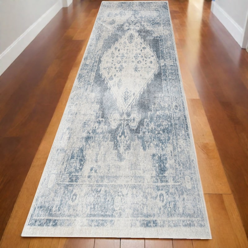 Seduc Power Loomed Distressed Area Rug By HomeRoots - 144' X '26' X '0.25 - 144' X '26' X '0.25 - Oxford Blue - Runner