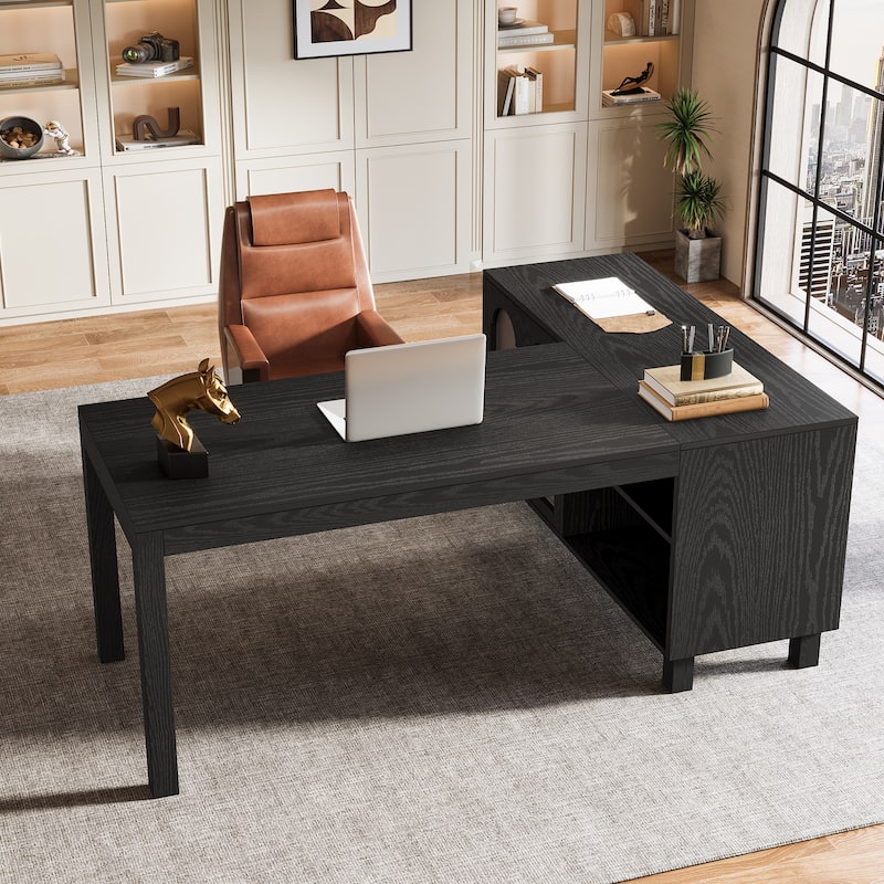59-Inch Corner Computer Desk with File Cabinet and Shelves, L Shaped Executive Desk for Home Office - Black
