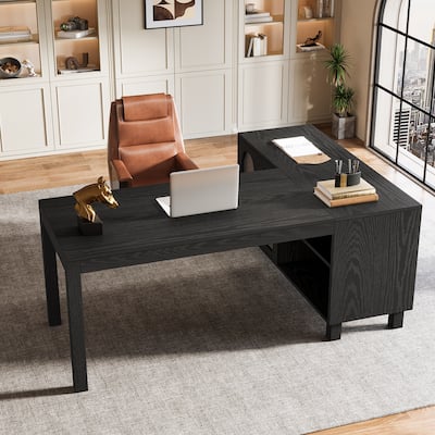 59-Inch Corner Computer Desk with File Cabinet and Shelves, L Shaped Executive Desk for Home Office