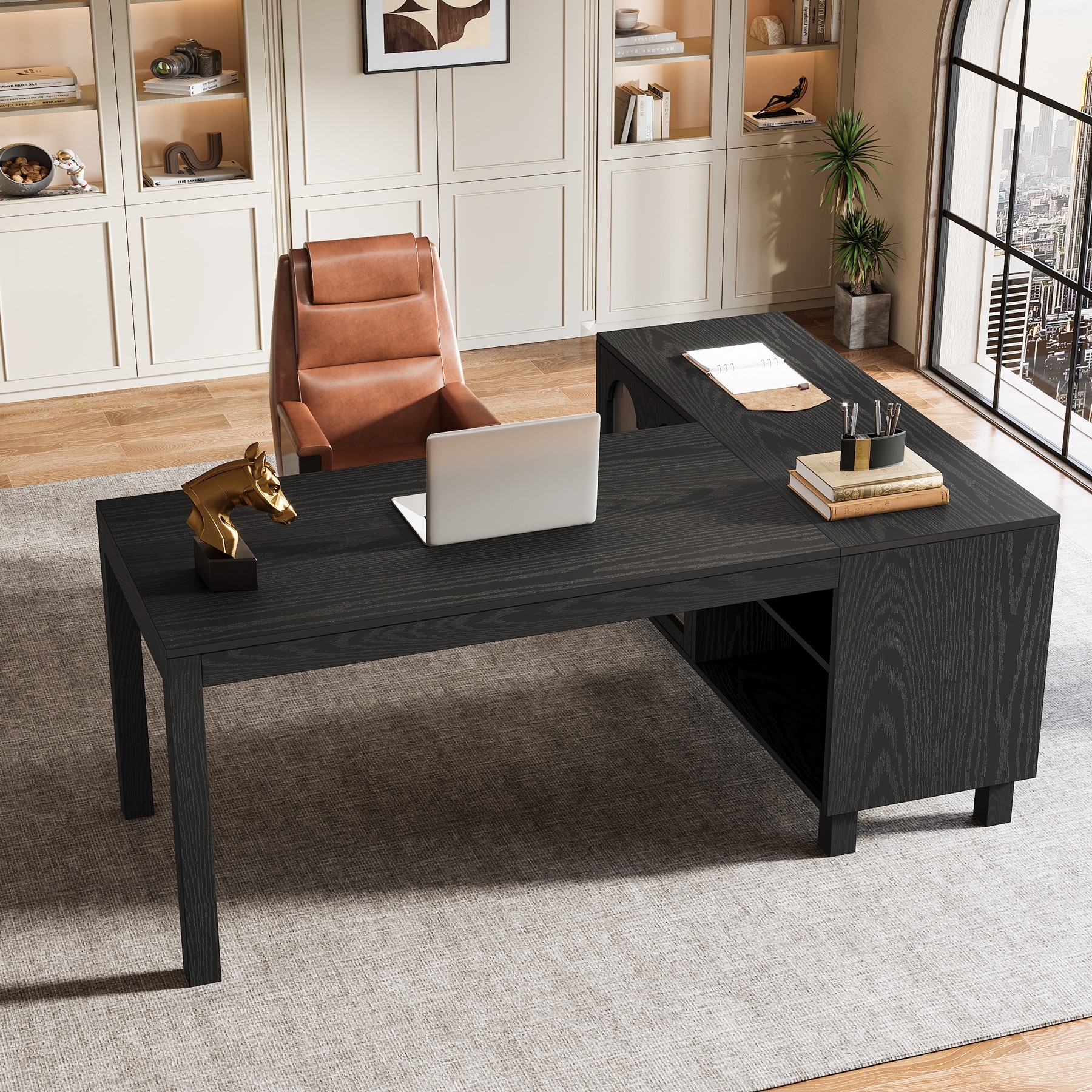 59-Inch Corner Computer Desk with File Cabinet and Shelves, L Shaped Executive Desk for Home Office