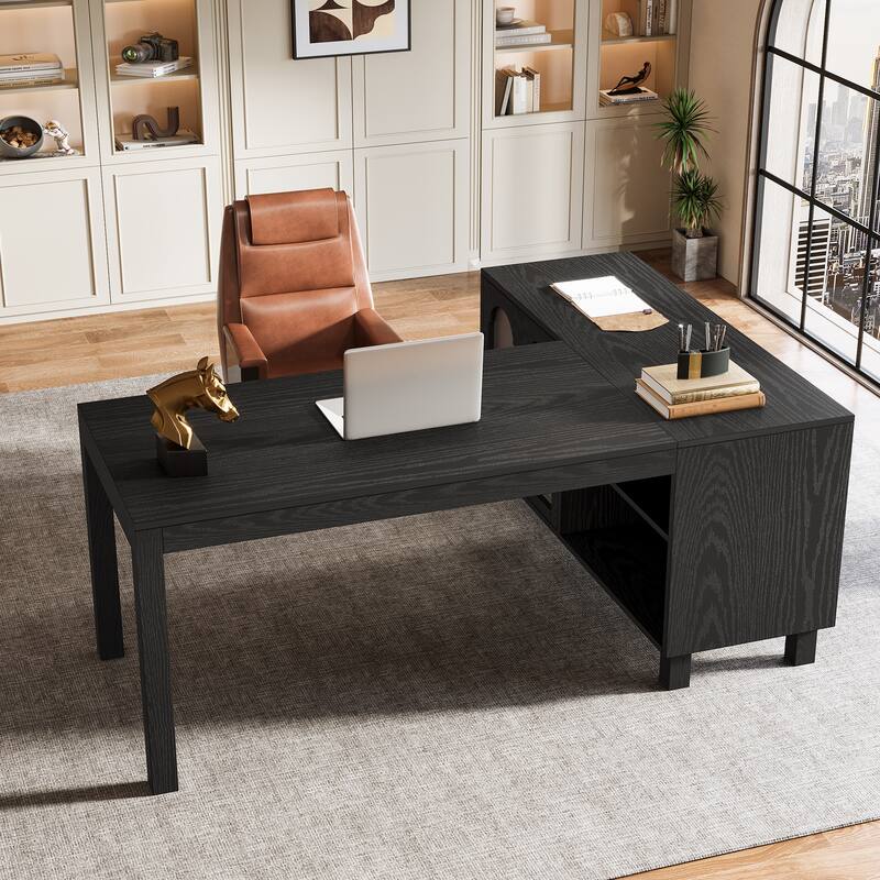 59-Inch L Shaped Desk with Storage Cabinet, Corner Executive Desk