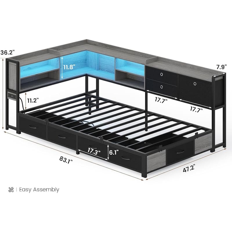 Corner Bed Frame Charging Station Twin Daybed 8 Storage Drawers Bookcase