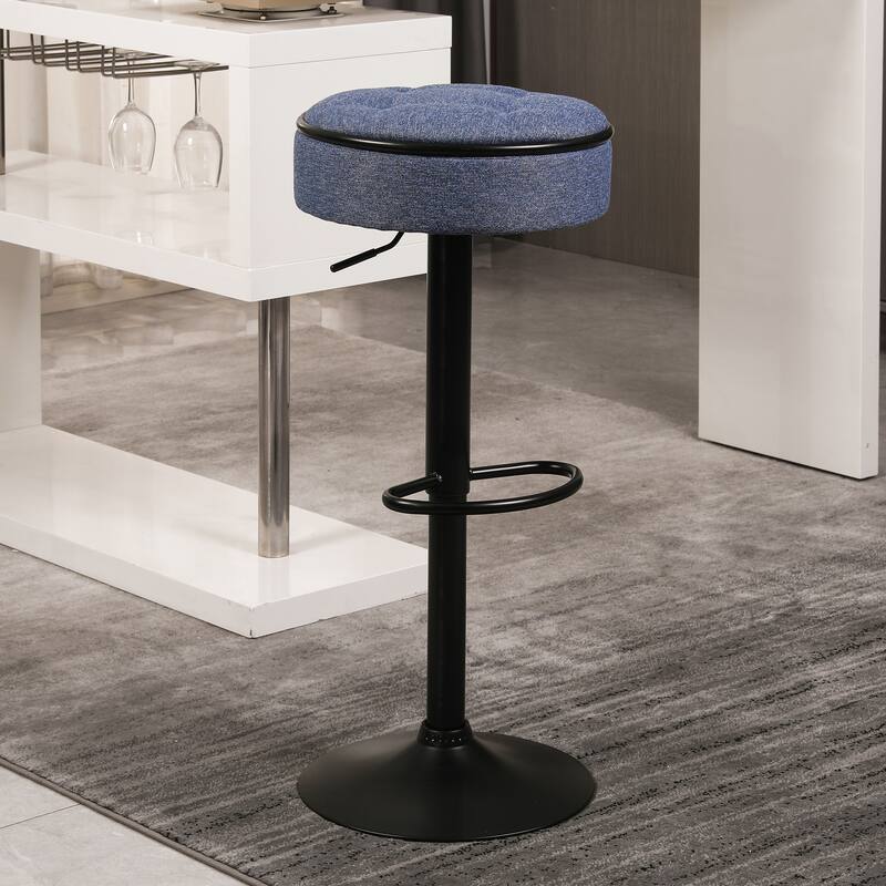 Round Storage Bar Stool Set of 2, Linen Height Adjustable Barstool, 360°Counter Height Swivel Stool