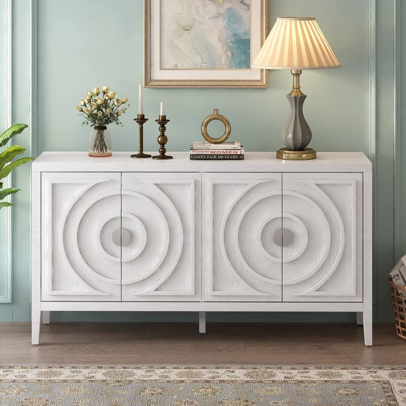 Storage Cabinet with Doors and Adjustable Shelves, Retro Sideboard Buffet Cabinet with Circular Groove Design Metal Door Handle