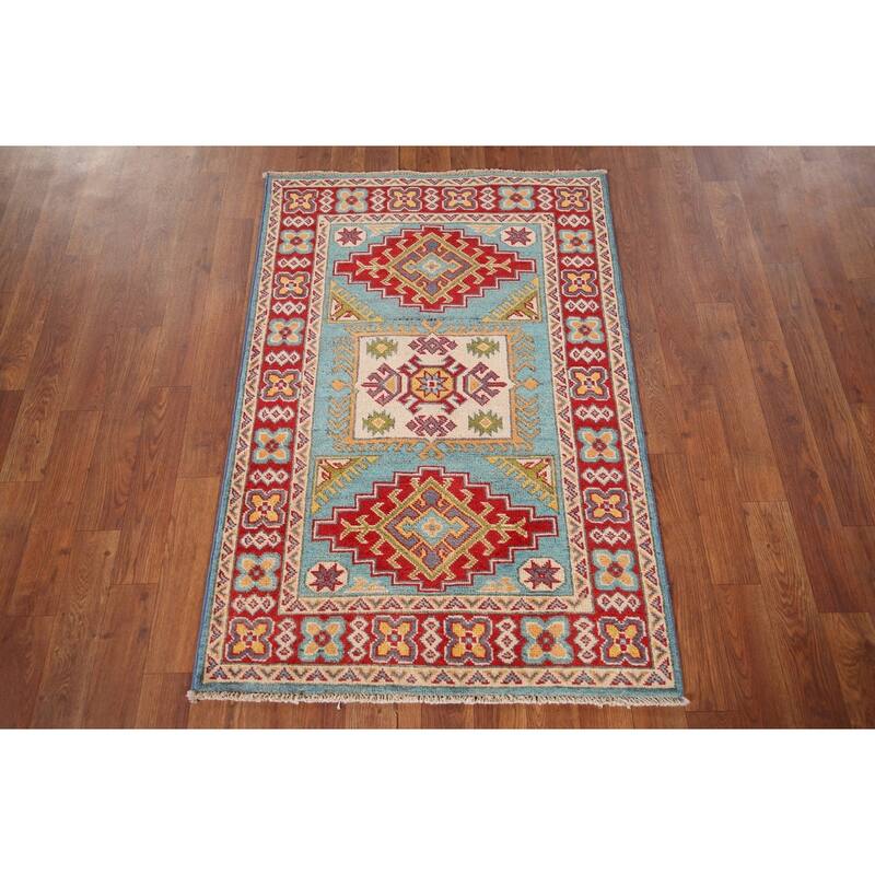 Geometric Blue Kazak Oriental Accent Rug Hand-Knotted Wool Carpet - 2'8" x 3'10"