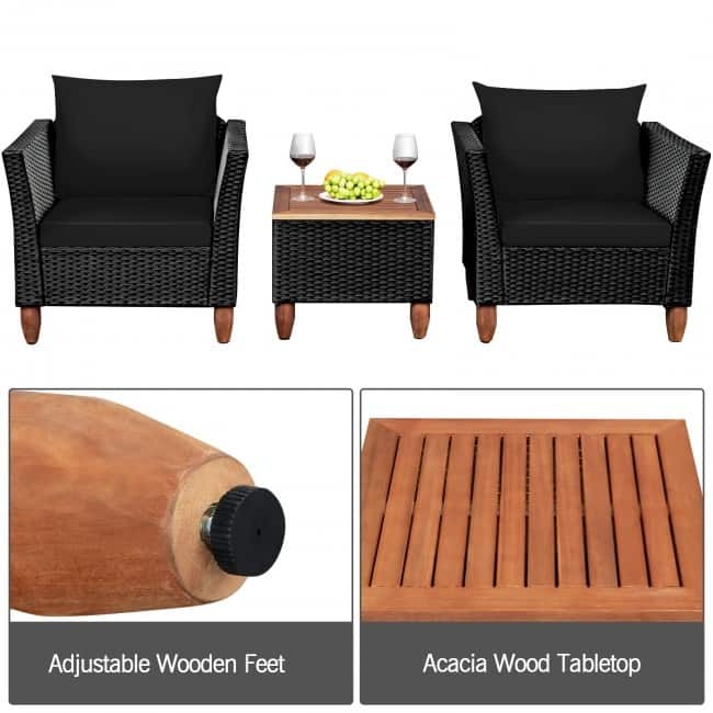 3 Pcs Outdoor Patio Rattan Furniture Set Wooden Table Top Cushioned Sofa - 29" x 27" x 28" (L x W x H)