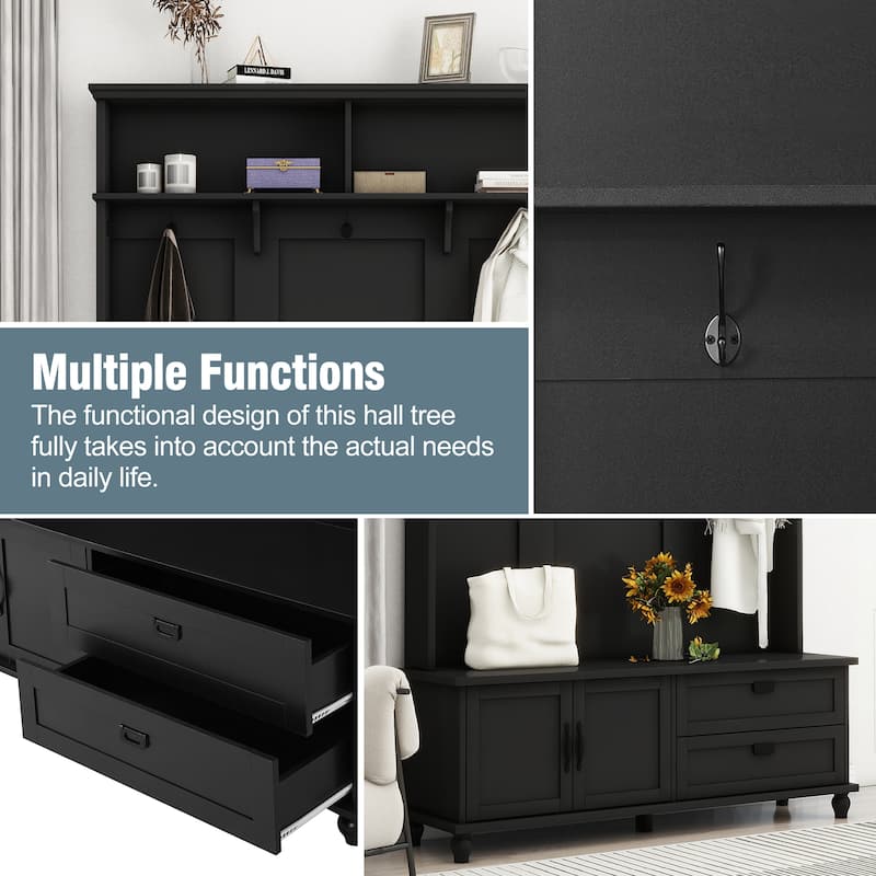 80.30"H Hall Tree with Storage Cabinet, Entryway Coat Rack with 2 Large Drawers and 5 Coat Hooks, Widen Mudroom Bench