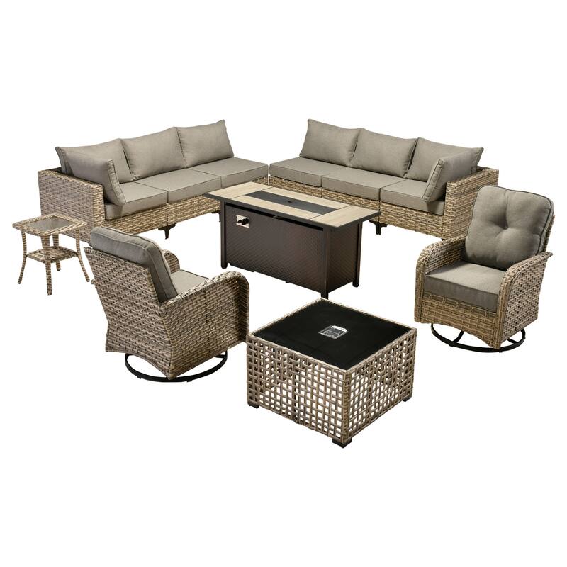 OVIOS 11 Pieces Outdoor Wicker Swivel Chair Set With Fire Table