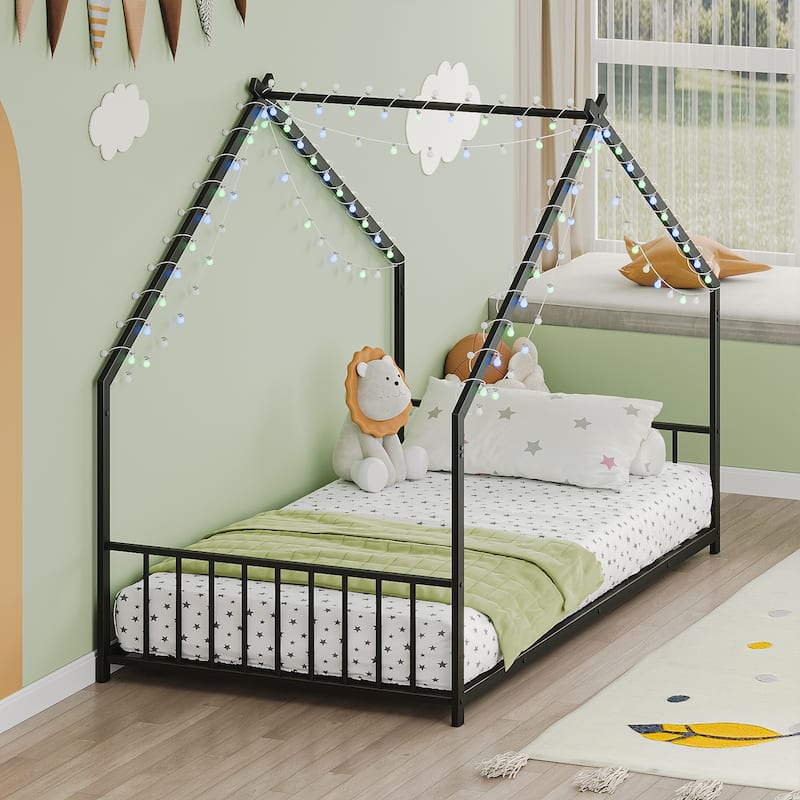 House-shaped Bed Frame, Toddler Kid Iron Floor Bed with House Roof Frame and LED Light Strips, House Daybed