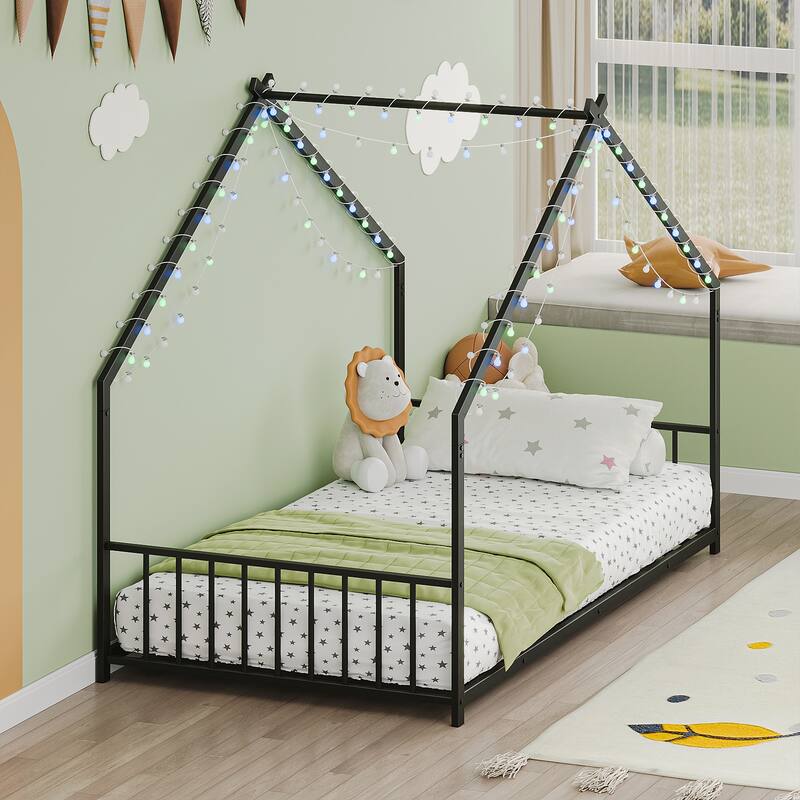 Metal Twin/Full Size Children's Bed Frame with LED Light Strips, Heavy Duty Metal Floor House Bed Frame with Roof Design