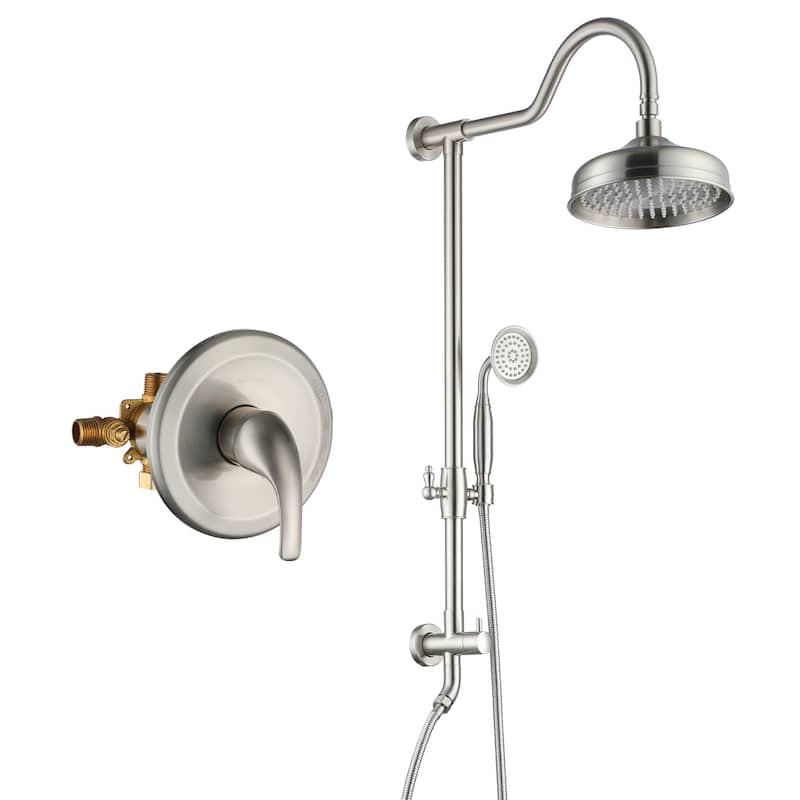 CASAINC Exposed Pipe Shower System with 8-In Rainfall Shower Head and Handheld Shower - With valve - Brushed Nickel
