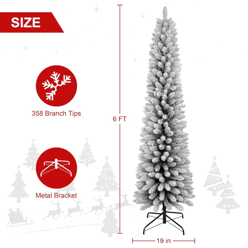 Flocked Pencil Christmas Tree - Slim PVC Branches, Snowy Finish, Space-Saving, Metal Stand - Green,White