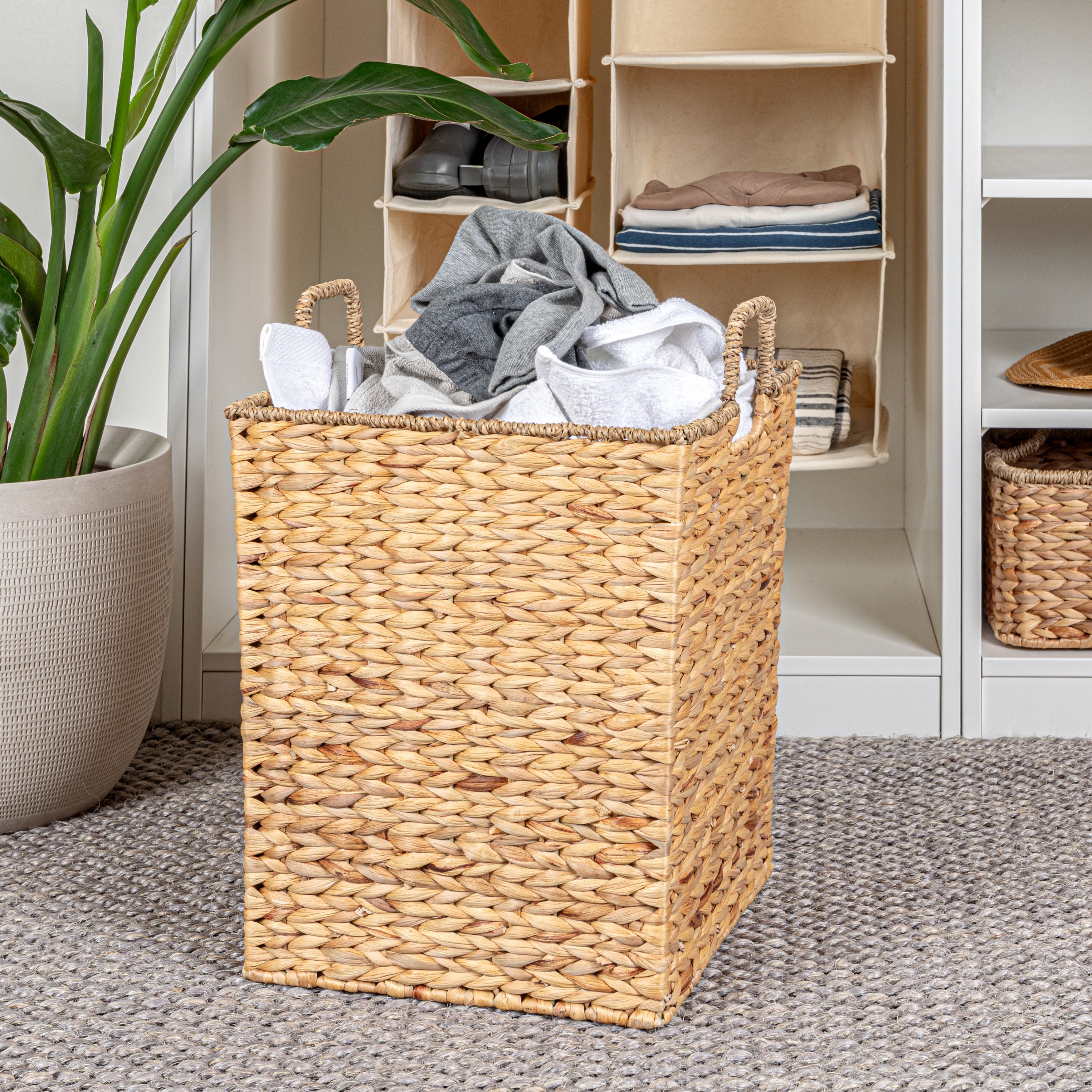 Household Essentials Handwoven Water Hyacinth and Seagrass Basket with Handles - 13.8"L x 13.8"W x 16.1"H