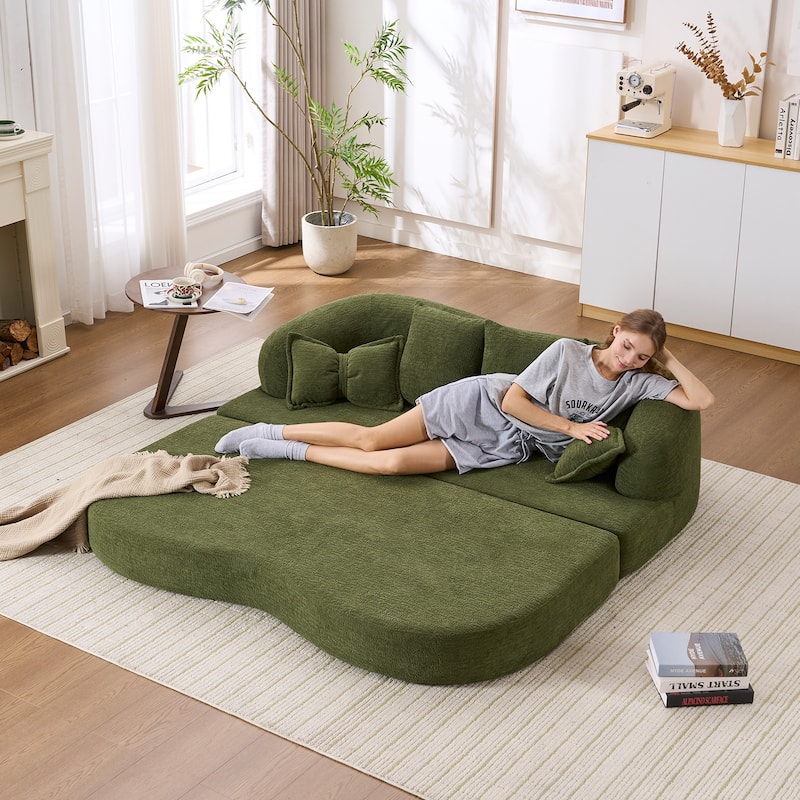 Modern 2-in-1 2-Seater Sofa Folding Sofa Bed with 4 Pillows, Chenille Fabric, for Apartment Living Rooms, Green