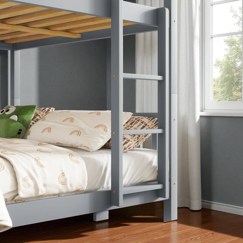 Full Over Full Rubber Wood Bunk Bed with 2 Storage Drawers, Convertible into 2 Full Beds, Ladder and Safety Guardrails