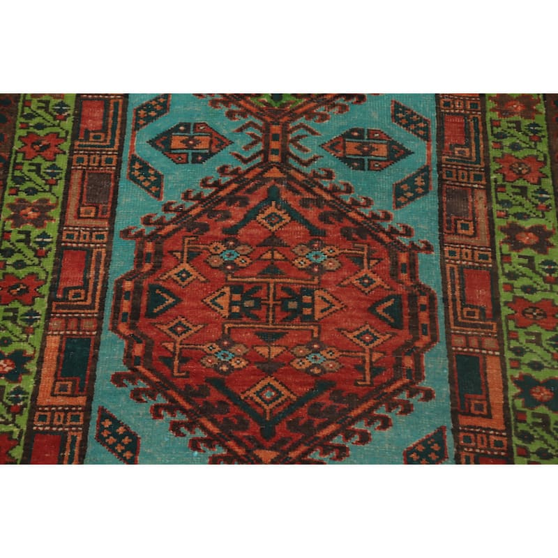Hand Knotted Oriental 100% Wool Carpet Traditional Geometric Navy Blue & Blues Ardebil Runner Rug - 10' 6'' X 3' 3''