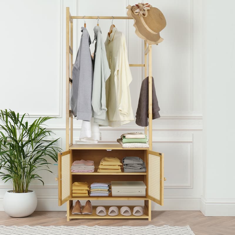 Bamboo Garment Rack with Clothes Rail Storage Organiser Freestanding - 21" x 13" x 66"