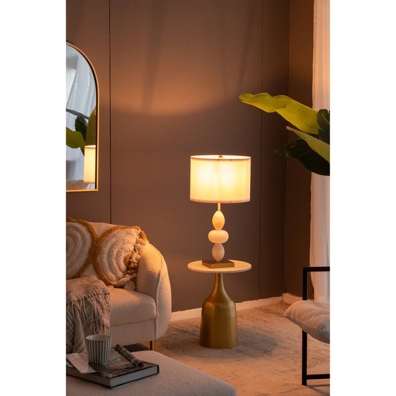 D14x26.3" White and Gold Three Tiered Round Table Lamp with Drum Shade