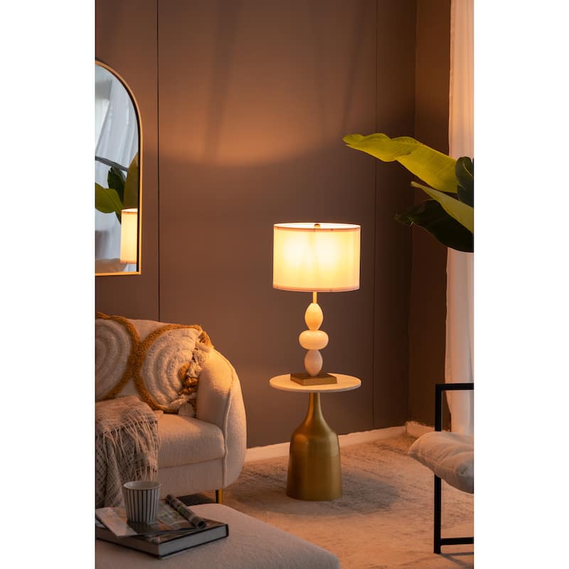 White and Gold Three Tiered Round Table Lamp with Drum Shade(Lamp Shade Assembly Required)
