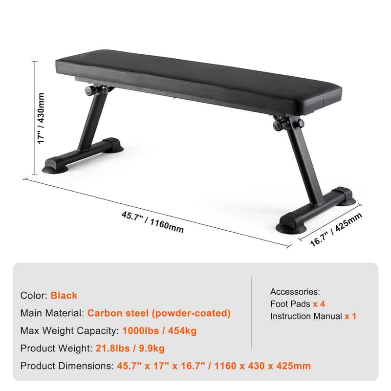 Black Steel Foldable Flat Weight Bench 1000lbs with Thick Cushion - 45.7" x 17" x 16.7"