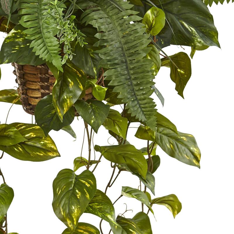 Artificial Hanging Basket Fern Pothos Mix Lush Greenery Decor Indoor Outdoor Plants