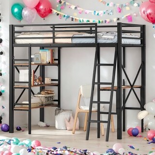 Modern Twin Size Loft Bed with Built-in Desk and Shelf and Sturdy Metal Frame for Bedroom