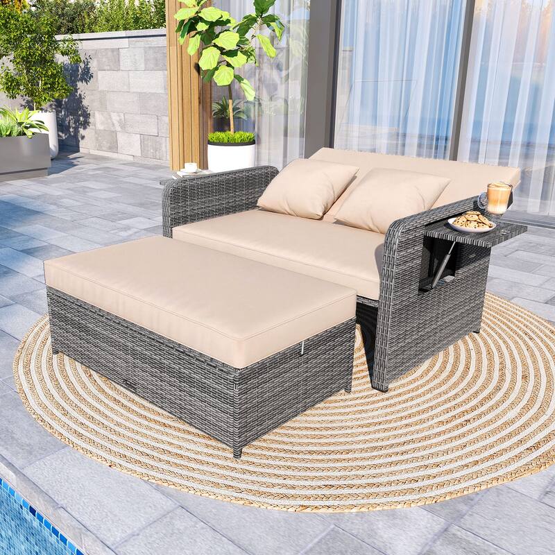 Gymax Rattan Daybed Wicker Loveseat Sofa Set w/ Ottoman & Retractable - Brown