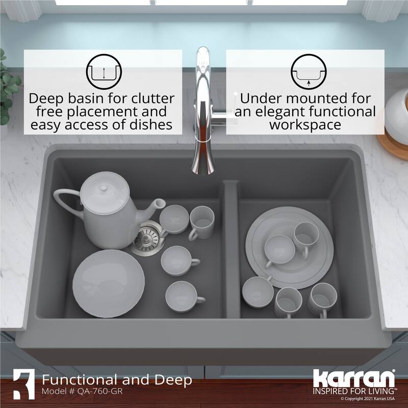 Karran Farmhouse/Apron-Front Quartz Double Bowl Kitchen Sink Kit