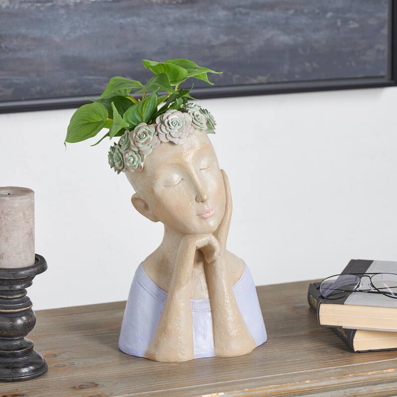 Beige Resin Bust Woman Planter with Succulent Crown and Top