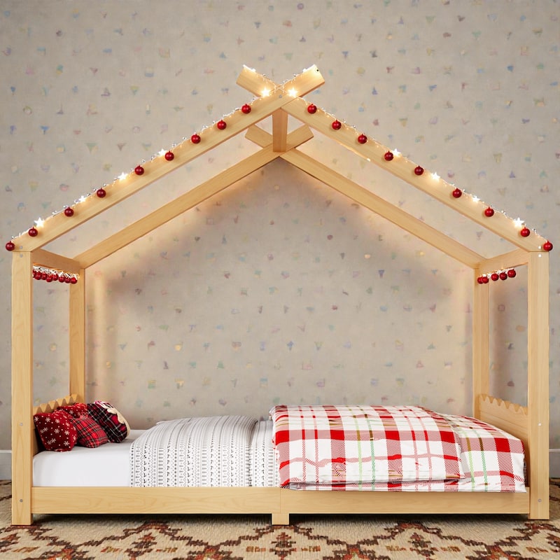 Kids Solid Wood House Floor Bed with Support Slats, Montessori Low Profile Bed, No Box Spring Needed - Natural - Full