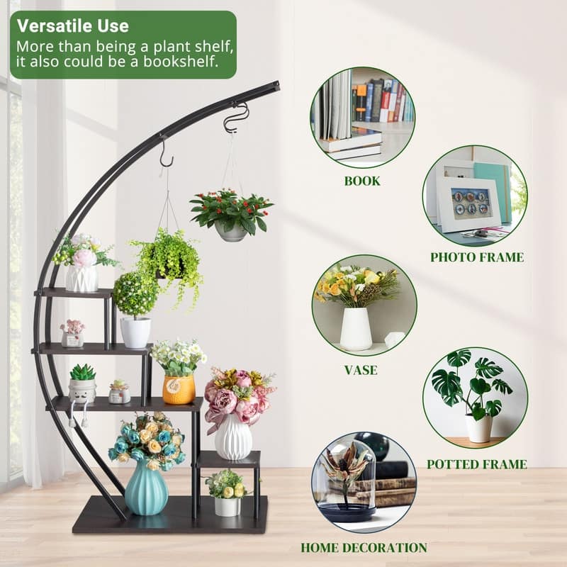 5 Layers Semicircle Iron Wood Suitable Home Decoration Plant Stand