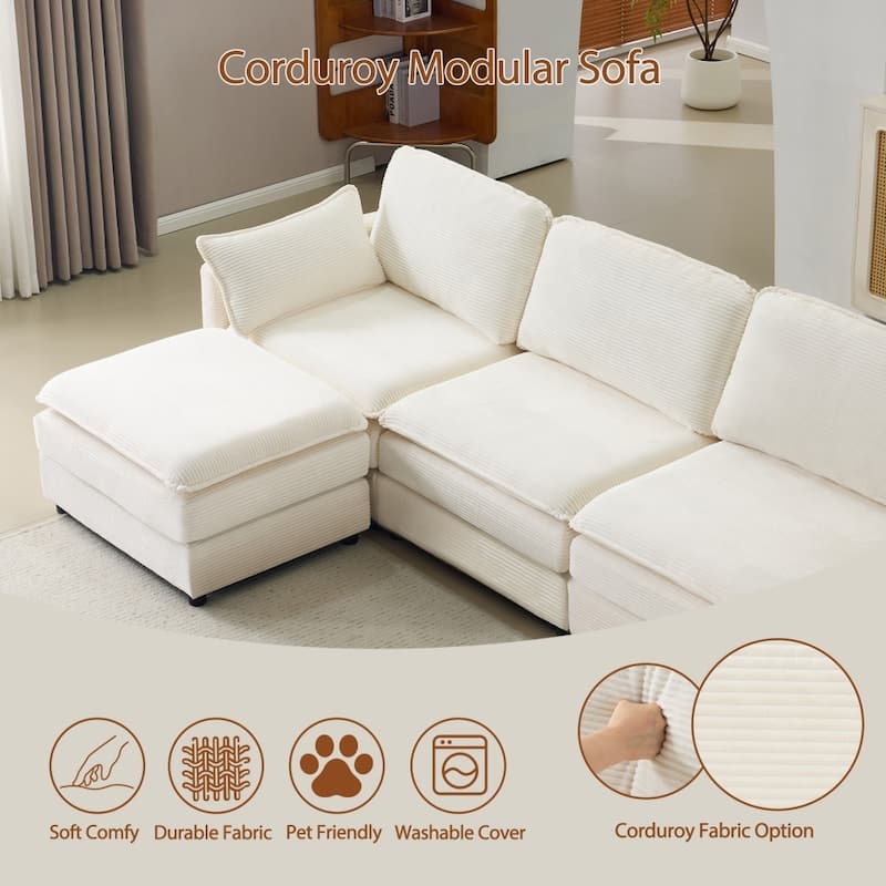 136" Modular 4-seater Sofa with 2 Footstools,Beige Chenille Cushions and 2 Throw Pillows