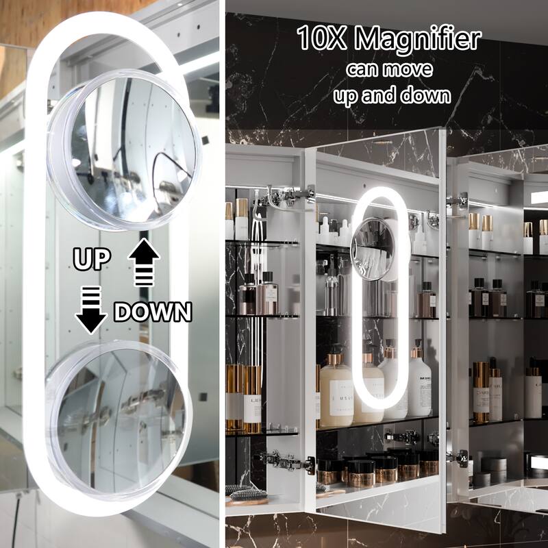 36'' H Recessed or Surface Mounted Bathroom LED Mirror Cabinet With Defogger, Dimmer, 10x magnifying