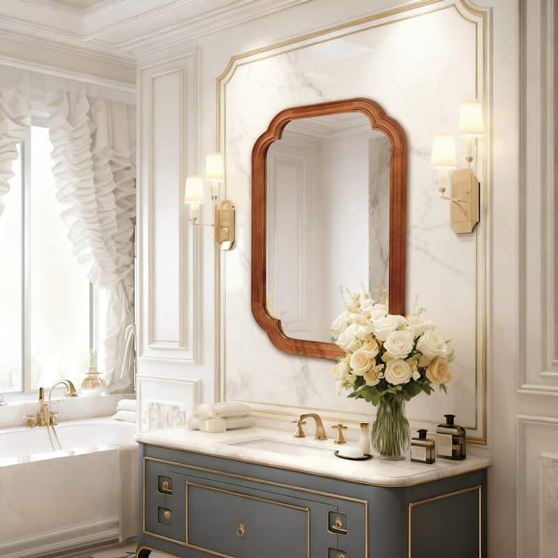 Solid Wood Frame Rounded Corner Decorative Mirror - Antique Brown