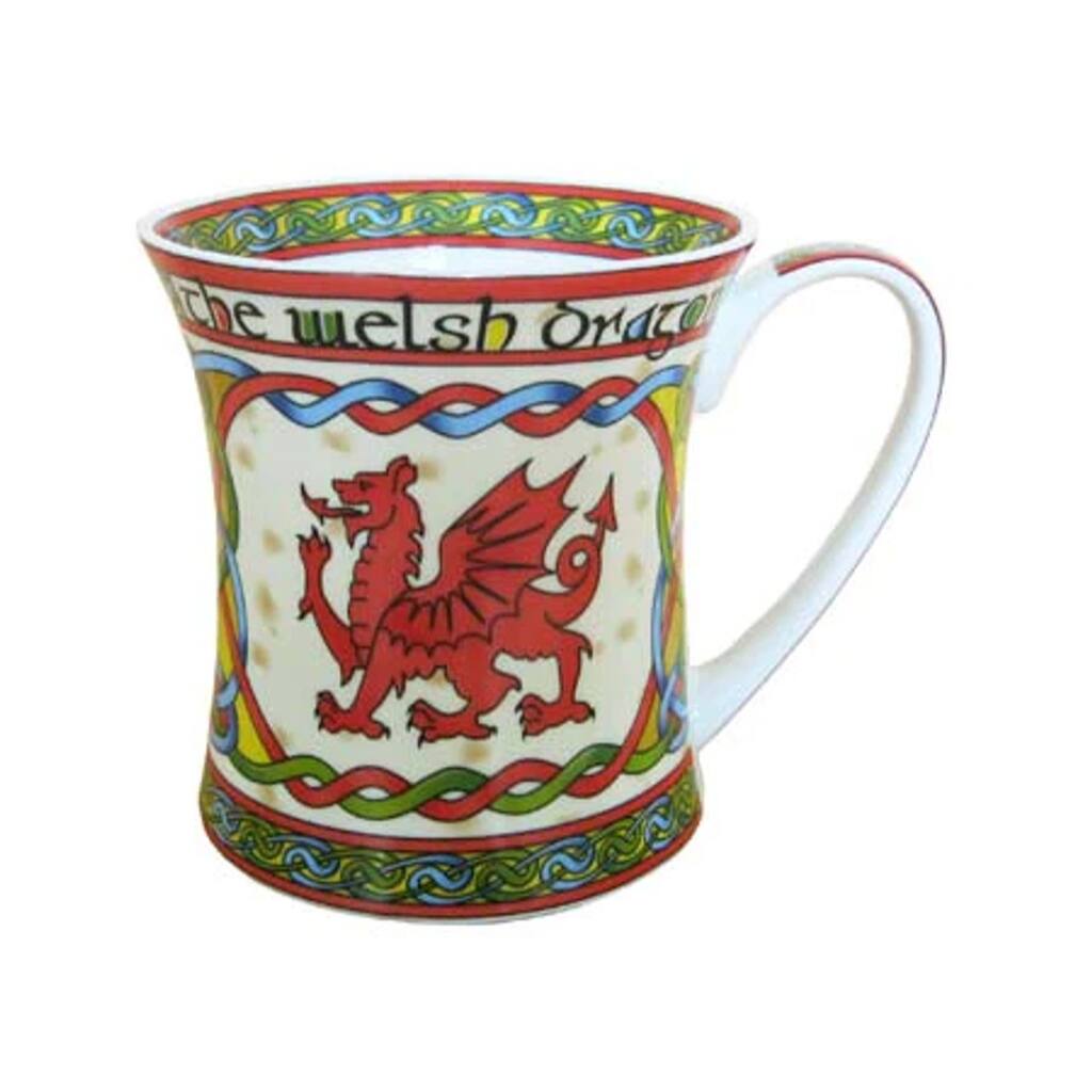 11oz Bone China Mug Featuring Bold Welsh Dragon and Celtic Details Hot Beverage Tea Coffee Cup