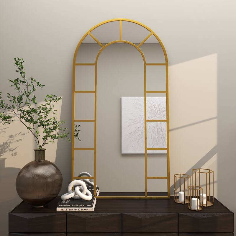 Black or Gold Metal Window Pane Inspired Room Wall Mirror with Arched Top
