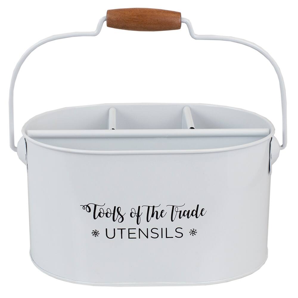 Cuisine Collection Tin Utensil Holder with Wood Handle, White