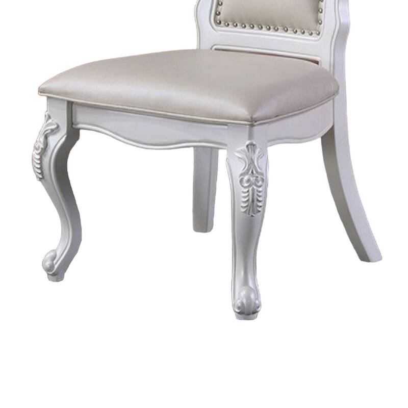 Zenie Dining Side Chair Set of 2, Carved Cabriole, Faux Leather, White Wood
